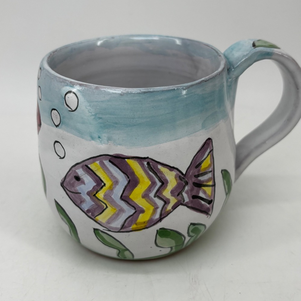 Rachel Signed Studio Pottery Fish Mug Hand Painted Artisan Ceramic Coffee Cup